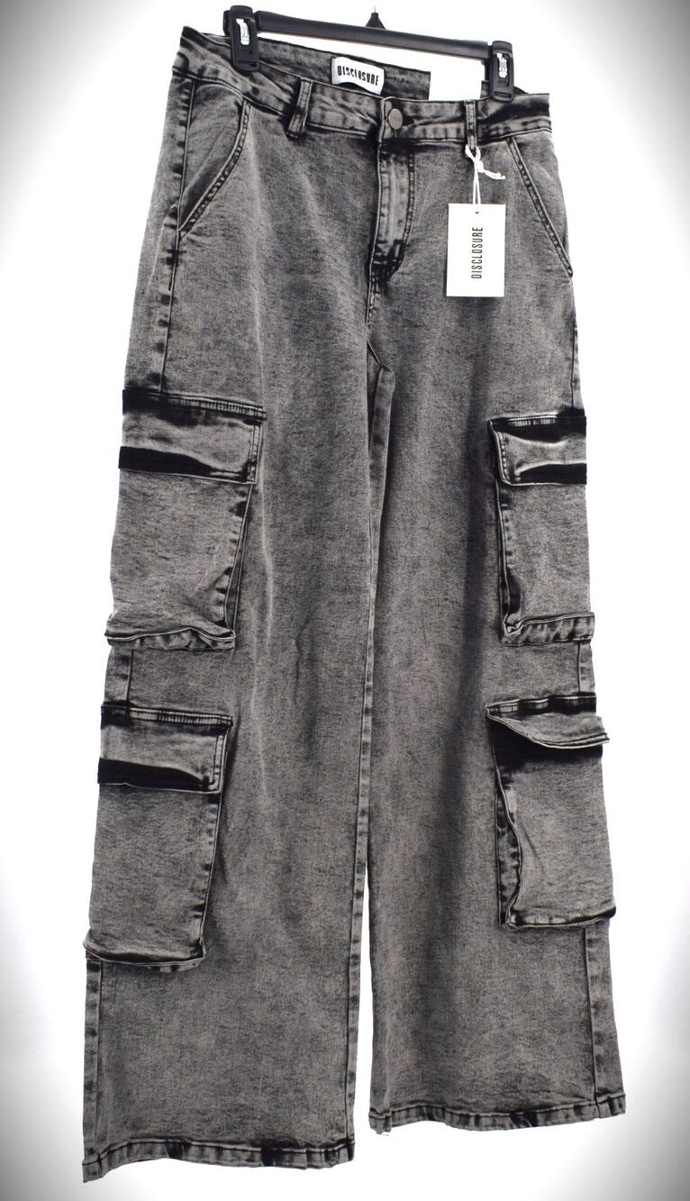Disclosure NWT Womens Cargo Jeans 11/30 Gray Acid Wash Wide Leg Utility Pants